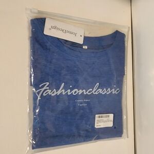 Brand New JomeDesign Small Blue Short Sleeve Side Split Causal Tunic Top